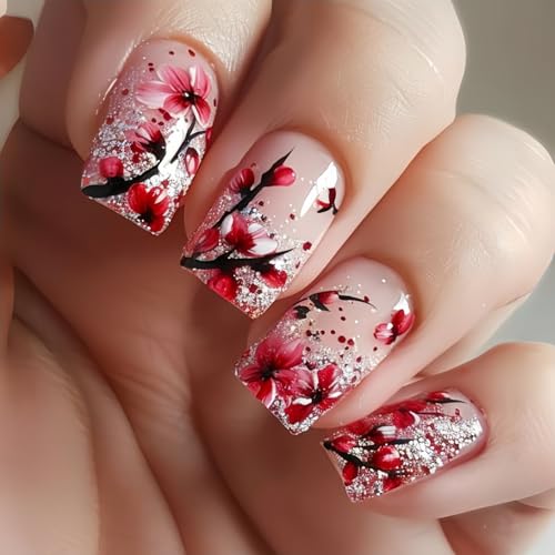 Flower Press-on Nails 24 Pcs, Square, Glossy, Full Cover, Red & White, Floral Designs, ABS Material, Easy to Apply & Remove - color: Flower Square15