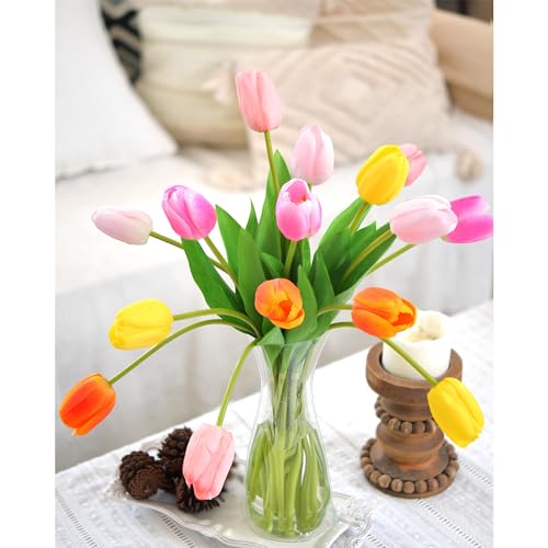 FiveSeasonStuff Real Touch Long Stem Tulips – 15 Artificial Flowers with Foldable Vase (Orange, Yellow, Mixed Pinks) for Home Décor, Weddings, and Gifts (Fiesta Medley) - color: Fiesta Medley Bloom Long Stems With Vase