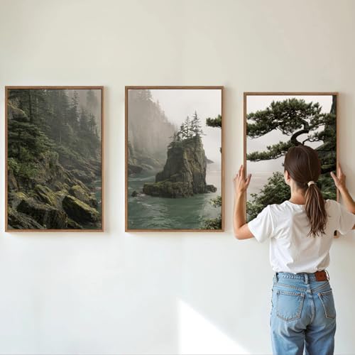 Rantodecor Coastal Forest Framed Canvas Wall Art, Pacific Northwest Coast landscape Wall Decor, Nature PNW Mountain Sea Art Paintings, Sage Green Pine Artwork for Bedroom Living Room Office 24"x36"x3 - color: Coastal Forest, size: 36"x24"