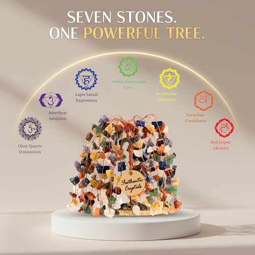 7 Chakra Tree of Life Crystal Tree, 300 Natural Gemstone Beads, Healing Crystals & Stones, Handmade Bonsai Gift for Women, Mom & Friends, Brings Money, Positivity & Good Luck, Boho Home & Office Decor - color: N4- 7 Chakra Tree Slice Base Khajuri 300 Bead