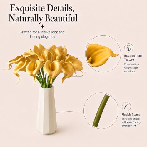 Mandy's 20pcs Gold Calla Lily Artificial Flowers | 13.5 Inch PU Realistic Bouquet for Vase Elegant Home Decor Centerpiece Wedding Bridal Bouquet Table Decoration - color: Gold