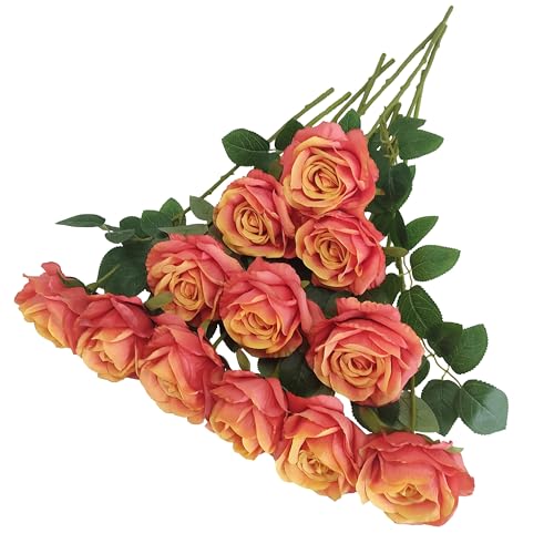 ATFL Sunset Red Fake Roses Artificial Flowers Bulk,Floral Diameter 4'',20 Pcs Artificial Silk Roses Flowers with Stems for Wedding Arrangement Centerpieces Party Home Table Decorations (20, Sunset) - color: Gradient Orange