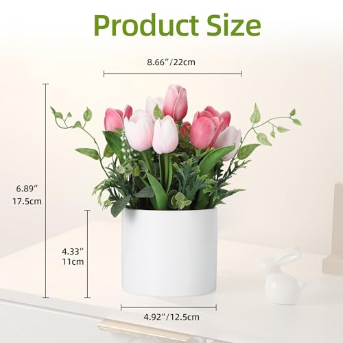 10 Pcs Artificial Tulips in Ceramic Vase, Faux Tulip Flower Arrangement, Potted Tabletop Fake Plants in Ceramic Planter, Elegant Spring Decor for Easter, Wedding Bouquet, Magenta Red - color: Magenta Red, size: Tulip, with Ceramic Planter