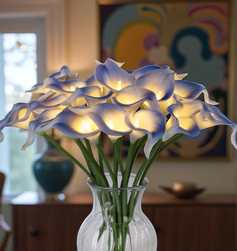 20pcs Lighted Artificial Calla Lily Bouquet Lamp Faux Floarl Night Light Real Touch Flower Night Lamp LED Calla Lily lighted Artificial Flower for Holiday Gifts Home Kitchen Decor(Light Blue, No Vase) - color: Light Blue