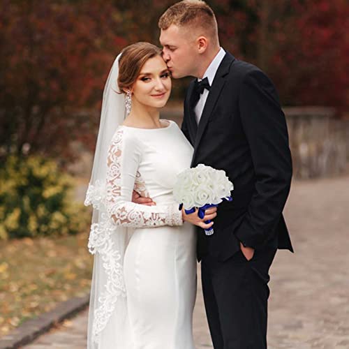 MOJUN Wedding Bouquets Crystal PE Roses Bridal Bridesmaid Wedding Hand Holding Bouquet Artificial Fake Flowers Toss Bouquet, Sapphire - color: Sapphire