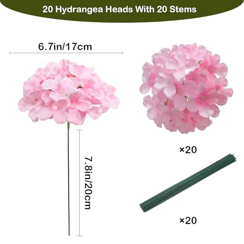 20 Pcs Pink Hydrangea Artificial Flowers Bulk, Faux Hydrangea Flowers Heads, Artificial Fake Silk Hydrangea Flowers with Stems, Pink Flowers Artificial for Decoration Wedding Décor - color: Pink, size: 20 Pcs