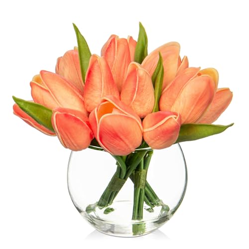 DILATATA Artificial Peach Tulips in Vase with Faux Water 6" Real Touch Flowers Fake Tulips Small Flowers Arrangement in Round Glass Vase for Mother's Day Table Centerpiece Wedding Home Decor - color: Round Vase/Peach/1 Set