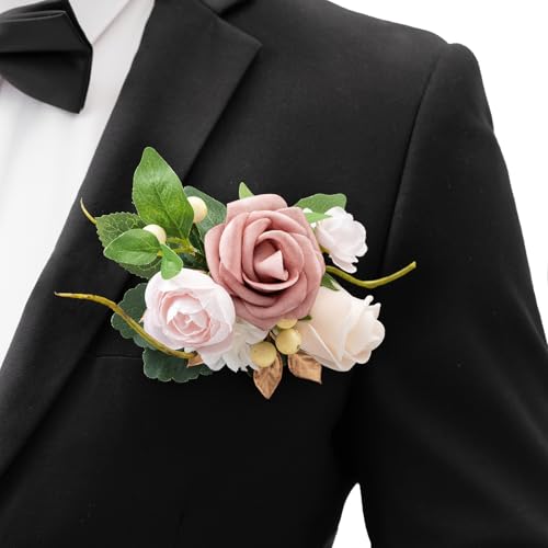 Ling's moment Pocket Boutonniere Single, Boutonniere for Men Groom for Wedding, Prom, Homecoming, Anniversary, Graduation, etc.Dusty Rose Ranunculus, 6" W x 5" H - color: Pk-dusty Rose Ranunculus, size: 6" W x 5" H