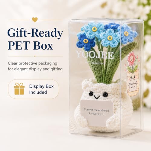 YOOJEE Handmade Crochet Forget Me Not Flower Pot Sympathy Gifts for Loss | Grief Support Gift, PET gift box, Meaningful Blue Forget Me Not Flower, Memorial Gift, Home & Desk Decor Gift Idea - color: E-Sympathy-Blue