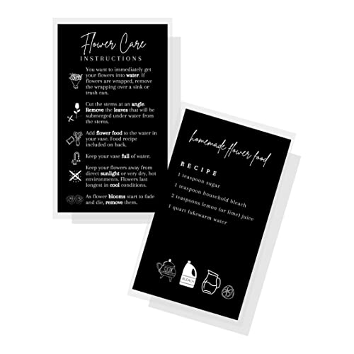 Fresh Flowers Care Instructions & Flower Food Recipe | 50 Pack | 2x3.5” in Business Card | Gardening Business Supplies | Florist Supplies | Black Card Design
