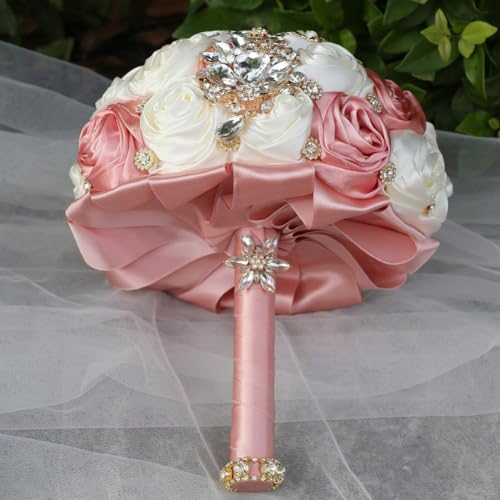 8.7in Bridal Wedding Bouquet Handmade with Luxury Gold Rhinestone Brooch for Bride Bridesmaid Quinceanera Satin Rose Bouquet Flower Wedding Ivory and Blush Pink - color: Ivory & Blush Pink, size: Large (DIA. 8.7"/22cm)