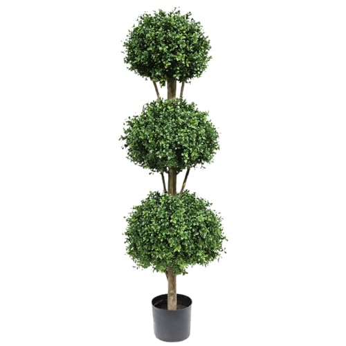 Damomo Artificial Topiary Ball Tree Outdoor, 4.6ft Fake Topiaries Triple Ball Trees(1 Pieces) Faux Boxwood Plants Potted Green Decorative Indoor or Garden（56inch） - size: 4ft 8in