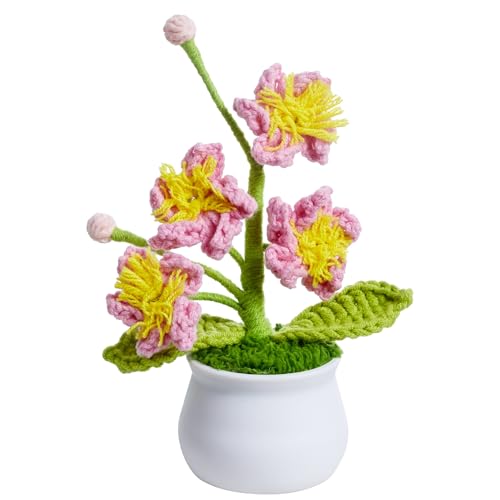 Handmade Pink Crochet Flowers Cute Potted Flower Plants, Gifts for Women, Birthday, Teacher, Anniversary, Valentines, Graduation, Decor for Desk, Home Room Office Decoration(Cherry Blossom) - color: Pink Cherry Blossom