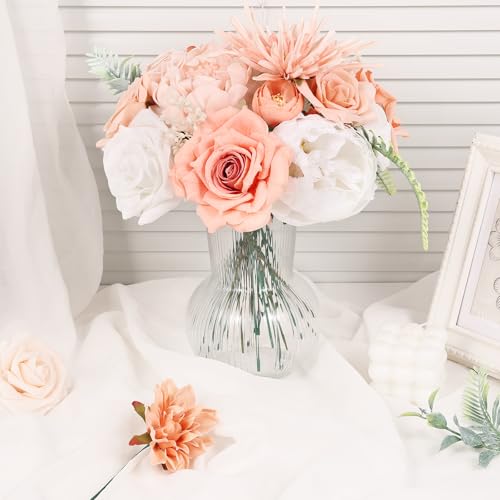 Artificial Flowers Combo Box Set Artificial Bouquets Wedding Flowers for Centerpieces Faux Flowers with Stems Peach Roses Artificial Flowers for Decor - color: Peach Pink