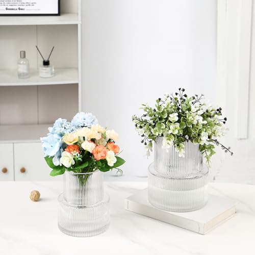 Ribbed Glass Vases for Bouquet, Set of 2 Fluted Vases for Flowers, Clear Vase for Tulips, Modern Glass Vase for Living Room, Office, Coffe Table, Dining Table, Shelf, Wedding - color: Clear, size: Ribbed Mixed Sizes (2-Pack)