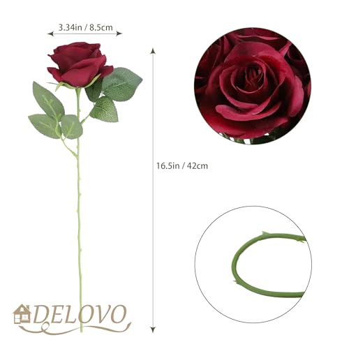 52pcs Burgundy Roses Artificial Flowers Fake Flowers Silk Roses with Stems for DIY Wedding Bouquets Bridal Shower Centerpieces Arrangements Party Decorations - color: Burgundy