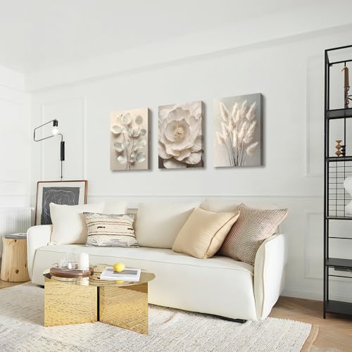 WENGTIAO 3Pcs Beige Floral Botanical Frame Canvas Wall Art, Neutral Textured Flower Plant Wall Painting Picture Wall Decor Vintage Blossom Prints for Bedroom Living Room Reay to Hang 16"x24"x3Pcs - color: Flower-White botanical, size: 16"x24"x3Pcs