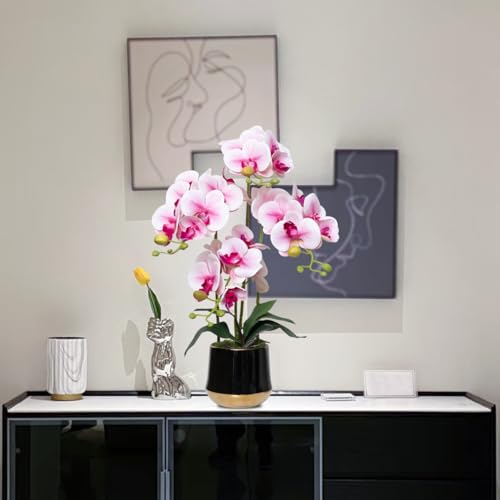 Artificial Orchid Flowers in Ceramic Vase Realistic Pink Faux Orchids 19.5 Inch Fake Phalaenopsis Plant Arrangements for Home Indoor Centerpiece Decor (Set of 4 Stems) - color: Pink, size: 14CM- BlackGolden