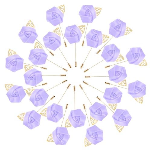M METERXITY 48-Pack Flower Lapel Pins for Men, Golden Leaf Rose Boutonnieres Pin Groom Boutonnieres for Wedding/Dance/Party, Men Lapel Pins for Suits Satin Flower Corsage [Light Purple] - color: Light Purple