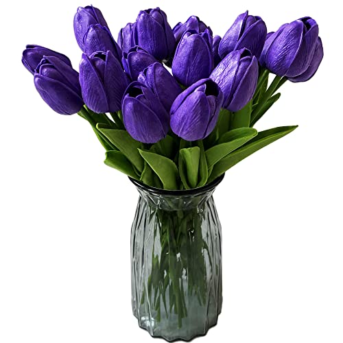 UKELER 24 Pcs Artificial Tulip Flowers Purple Fake Tulips with Stems Real Touch PU Tulips for Wreath Wedding Bouquets Table Centerpiece Floral Arrangement Home Decoration - color: Dark Purple