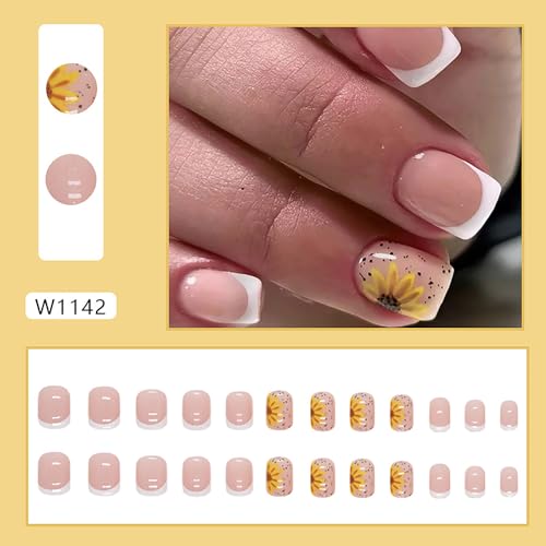 French Press on Nails Square Short Sets, 24Pcs Glossy Artificial Nude Fake Nails with Sunflower Designs, Full Cover Acrylic Coffin False Fingernails with Charm for Women Girls