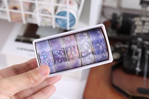 YUBBAEX 5 Rolls Floral Washi Tape Set PET Decorative Flowers Patterns Transparent Masking Tapes for Arts, DIY Crafts, Journals, Planners, Scrapbook, Wrapping (Lavender) - color: Lavender