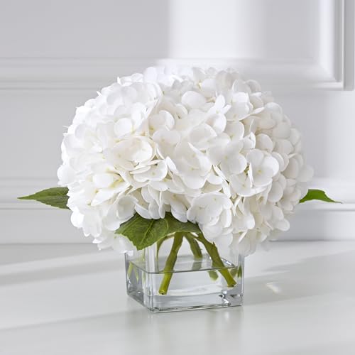 BLEUM CADE Luxury PU Fake Flowers in Vase with Faux Water, White Real Touch Hydrangea Artificial Flowers with Glass Vase for Office Home Dining Room Centerpiece Table Decorations - color: Hydrangea-white