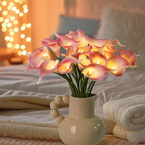 20pcs Lighted Artificial Calla Lily Bouquet Light Faux Floarl Night Light Real Touch Flower Lamp LED Calla Lily lighted Artificial Flower for Holiday Gifts Home Kitchen Decor(Light Pink, No Vase) - color: Light Pink