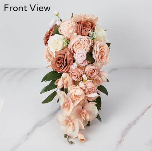 9.1Inch Peach Pink Cascading Bridal Bouquet for Bride Artificial Pink Rose Cascade Bridal Flower Bride Wedding Bouquet Peach Pink - color: Peach Pink