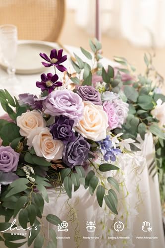 Ling's moment 9FT Flower Garland for Backdrop Decorations - Wedding Arch Flowers, Eucalyptus & Rose, Artificial Floral Garland for Mantel - Sweetheart Table Decor for Ceremony Reception, Lilac & Gold - color: Prpl-lilac & Cream