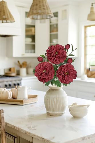 Dark Red Peonies Artificial Flowers 3Pcs Fall Flowers for Fall Decoration 27.5" Real Touch Silk Faux Peony Flower with Stems for Home Autumn Floral Arrangement Vase Table Centerpieces Bouquet Decor - color: Dark Red Peony