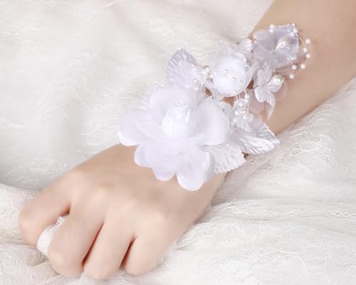 Set of 12 Artificial Silk Organza Craft Rose Flower, 12 Corsage Wristlet, 12 Pin Back DIY Boutonnieres for Wedding, Bridesmaids, Groomsmen, Quinceanera, Prom, Sweet 16 (White) - color: White