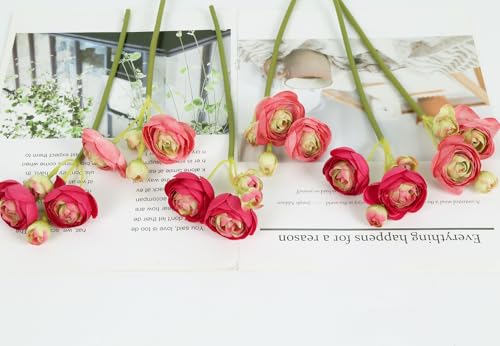IPOPU Artificial Ranunculus Deep Pink Silk Flowers with Stems 12PCS Mini Fake Flowers for DIY Wedding Bouquet Bridal Shower Decorations Floral Filler Flowers Centerpieces (Shade of Hot Pink) - color: Shade of Hot Pink