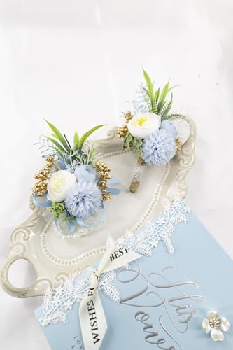 Ansofi Light Blue Corsage and Boutonniere Set Artificial Rose Flower Wrist Corsage and Boutineers for Groom Groomsmen Bride Bridesmaids Prom Rustic Vintage Wedding Decor - color: Light Blue