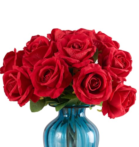 PONKING 3.5"(9cm) Big Rose Artificial Flower 12pcs Realistic Faux Silk Roses Fake Flowers Bouquets Arrangements Decor for Wedding Mother's Day, Home Table Christmas Valentine Decorations, Red Flower - color: D 12pcs Red Rose