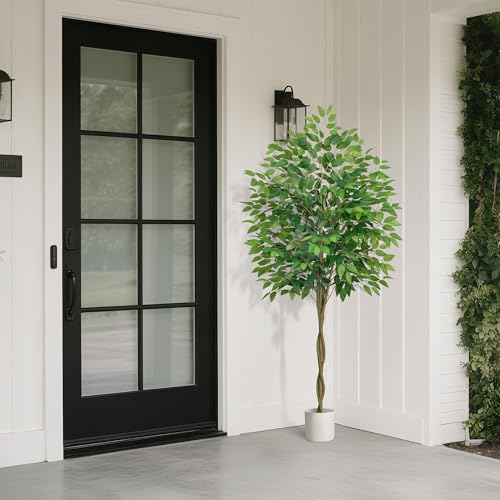 Artificial Ficus Tree with 3 Natural Curved Trunks, 6FT Tall Faux Ficus Tree in Sturdy Plastic Nursery Pot, Faux Plant for Office Home Living Room Farmhouse, Indoor Outdoor Decor