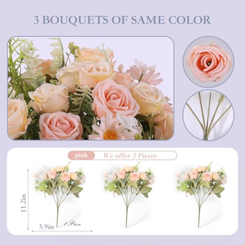 3 Pcs Artificial Rose Flowers Fake Rose Silk Bouquet Plastic Flower Arrangements Wedding Decoration Faux Floral Table Centerpieces Home Decorations(Pink) - color: Pink