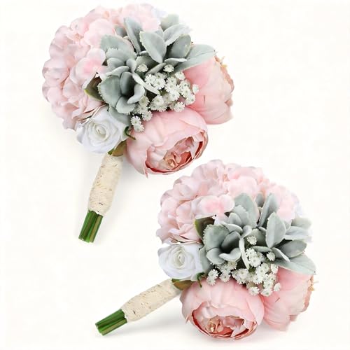 Dusty Pink Pre-Made Bridesmaids Bouquets Set of 2-7 inch Small Rustic Aritificial Flower Bouquet for Wedding Marriage Proposal Decor - color: Dusty Pink, size: Set of 2 Bouquets