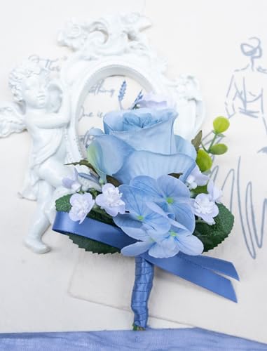 Marriwise 6pcs Light Blue Boutonniere for Men, Artificial Silk Rose Flowers Wedding Groom Groomsmen Boutonniere for Wedding/Anniversary/Prom/Rustic Wedding/Homecoming (Light Blue) - color: Light Blue