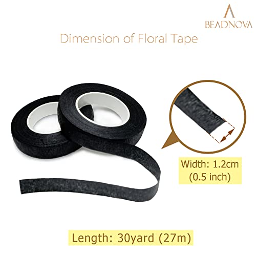 BEADNOVA Floral Tape 1/2inch Black Flower Tape for Bouquets Floral Arranging Stem Wrap Craft (Black 2roll, Total 60yards) - color: Black