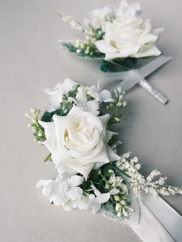 White Rose Wrist Corsage and Boutonniere Set with Ribbon Ties Wedding Prom Formal Accessories (White) - color: White