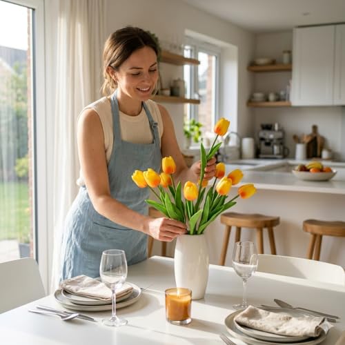 10 Stems Sunset Red Real-Touch Artificial Tulips with Premium Glazed Ceramic Vase – Modern Farmhouse Table Centerpiece（Premium Vase+ Sunset Red） - color: Premium Vase+ Sunset Red