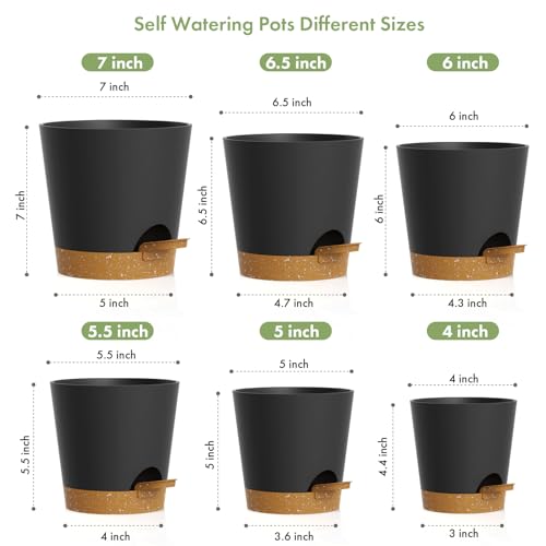 WSMKSZ 7/6.5/6/5.5/5/4 inch Self Watering Pots for Indoor Outdoor Plants, 6 Pack Plastic Flower Planters with Drainage Holes and Removable Saucers, Plant Pots with Wicking Rope, Black Brown - color: Black Brown, size: 7+6.5+6+5.5+5+4inch 6pcs