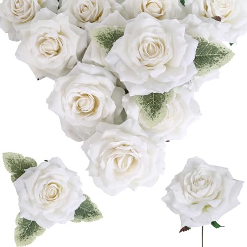Silk Roses - 16pcs White Large Fake Roses - Wedding Bouquet, Home Decorations - color: 4.3" White