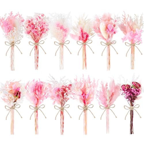 12/24 PCS Charming Dried Flowers Bouquet for Vase Various Dried Wildflowers with Stems Mini Handmade Wildflowers Natural Real Flowers Bulk Flowers Craft (Pink, 12 PCS) - color: Pink
