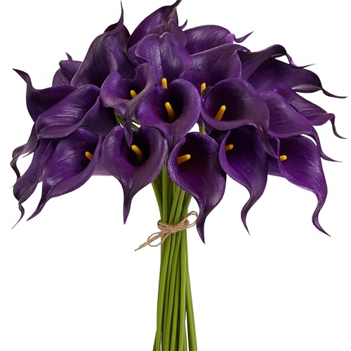 Artificial Calla Lily 12Pcs Purple Real Touch Faux Flowers for Wedding Bouquet, Bride Bridal Shower, Spring Home Kitchen Table Decor, Fake Lilies for Centerpieces, Party Decorations - color: Deep Purple