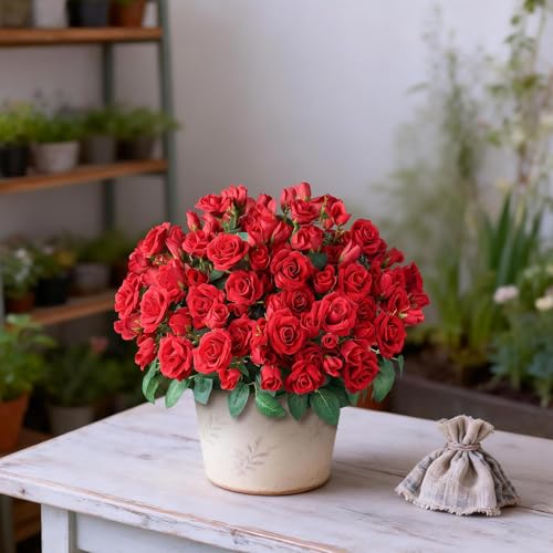 Juxdp 2 Set of Artificial Rose Topiary Trees - Faux Silk Flower Potted Plant, UV Resistant Fake Outdoor Rose Bush for Front Door, Farmhouse, Porch, Garden Decor (Red) - color: Red