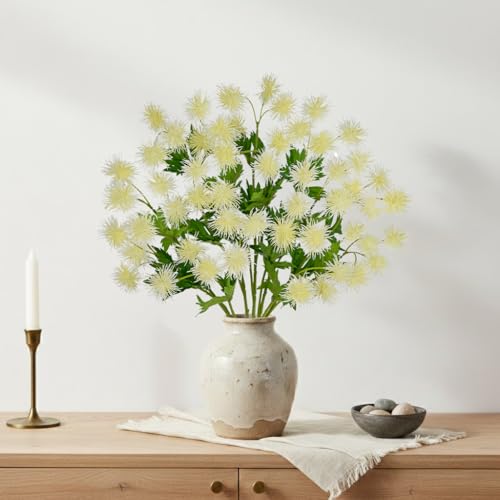 Hollyone 9 Heads White Dandelion Artificial Flowers 5Pcs Faux Dandelions Flowers Bush Arrangement Bouquets Fake Ball Mums Flower Stem for Indoor Home Decor Table Office Party Wedding Decoration - color: White