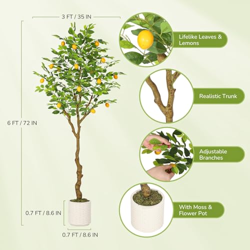 6 ft Artificial Lemon Tree Indoor, Pre Potted Faux Tree with Realistic Fruits & 100 Lighted Tree, Fake Tree for Home Decor; Artificial Plants Indoor for Office,Home,Living Room