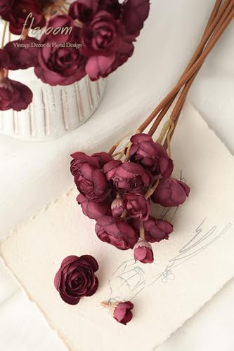 Floroom Ranunculus Artificial Flowers 18 Pcs Burgundy Faux Silk Mini Ranunculus Bulk Fake Wedding Filler Flowers for DIY Red Bouquets, Centerpieces, Bridal Shower Decorations & Arrangements - color: Burgundy